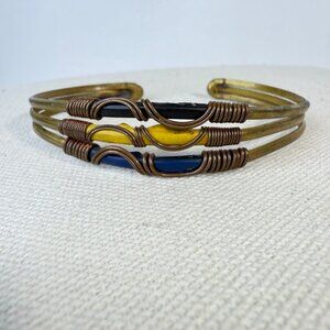 Wire Wrapped Artisan Created Cuff Bracelet Blue Yellow Art Deco